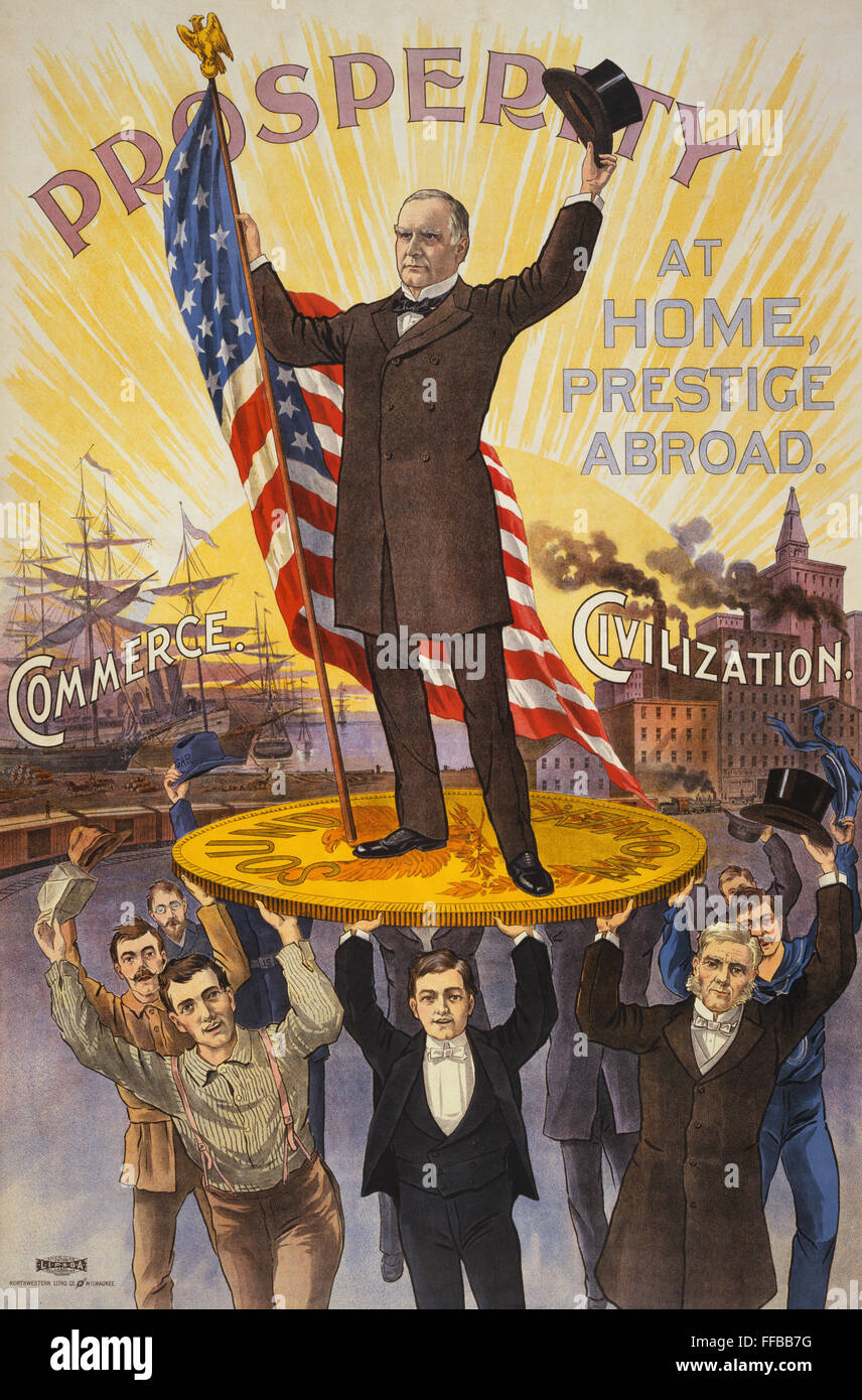 Campaign illustration showing William McKinley holding U.S. flag and standing on gold coin 'sound money', held up by group of men, in front of ships 'commerce' and factories 'civilization'. Stock Photo