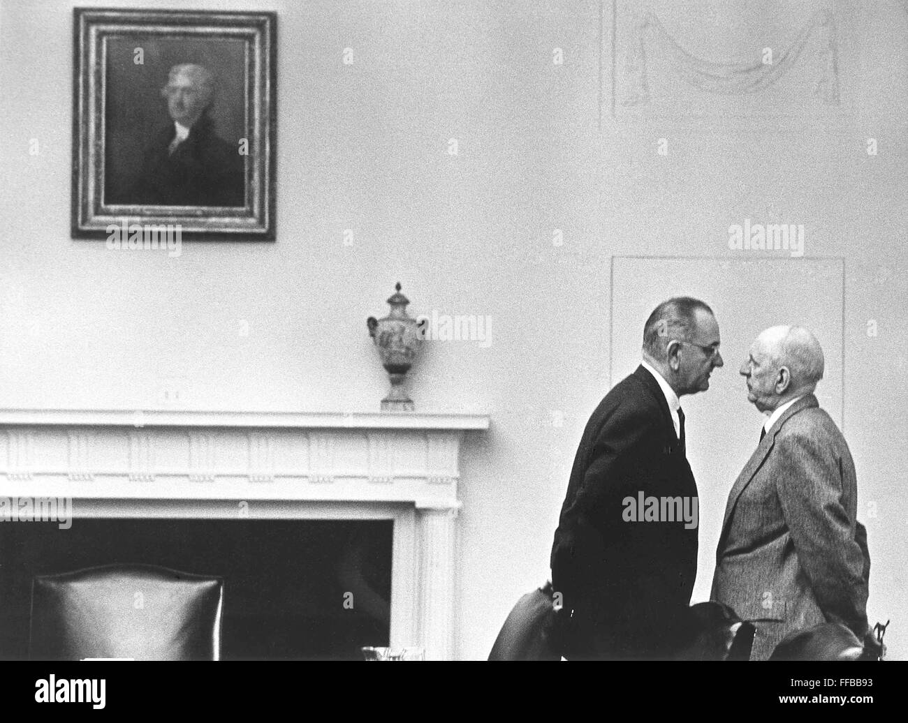 President Lyndon Johnson with Senator Richard Russell at the White House, December 7, 1963, Washington, DC. White House Photograph by Yoichi Okamoto (1915-1985). Stock Photo