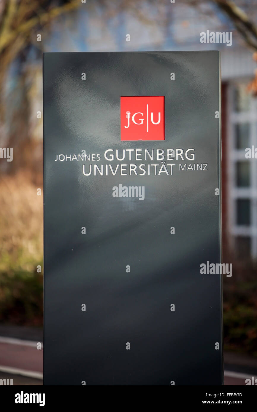 Mainz, Germany. 11th Feb, 2016. The university's entrance sign