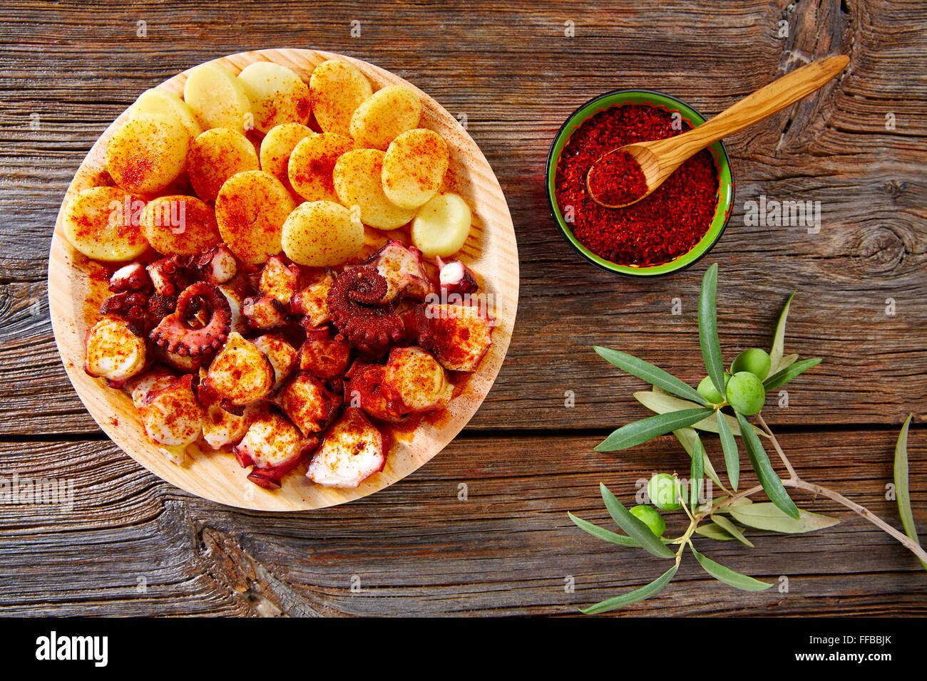Tapas Pulpo a Feira with octopus potatoes gallega style and paprika recipe from Spain Stock Photo