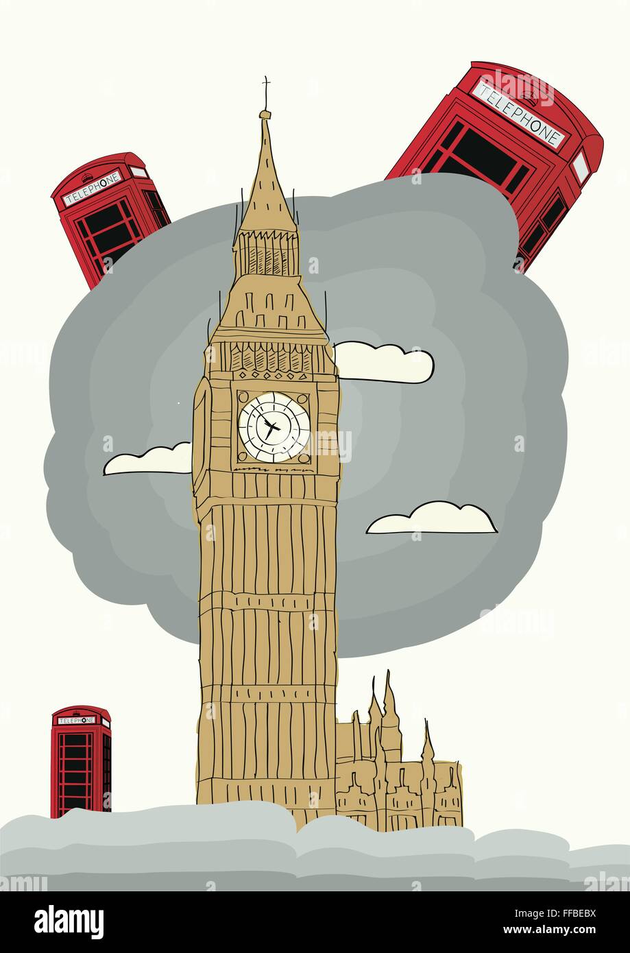 london vector illustration with big ben and red phone box Stock Vector