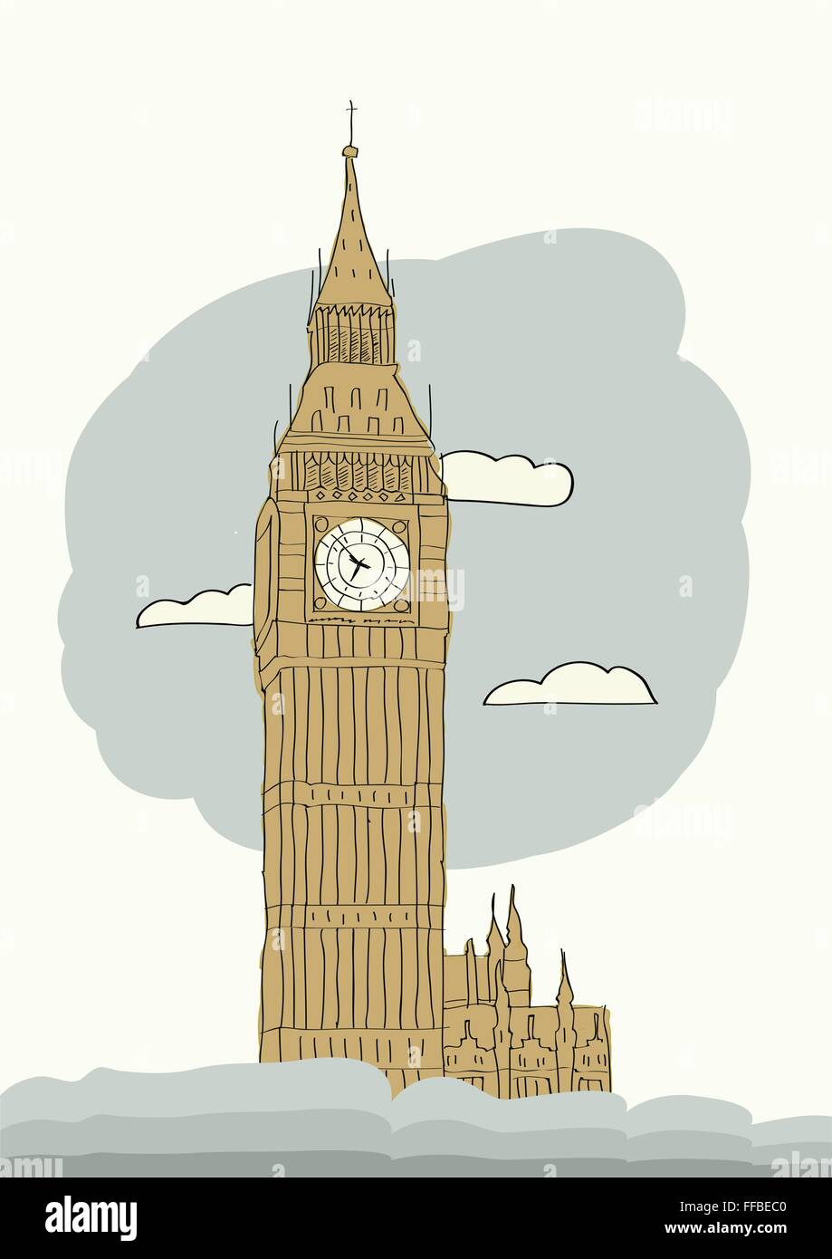 Big Ben, London, England, UK. Hand Drawn Illustration. Vector background Stock Vector