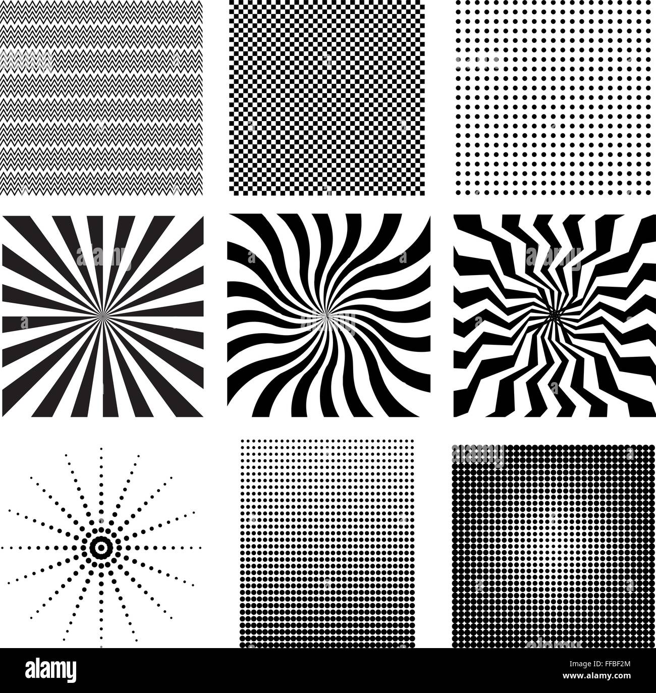 Nine very needed vector pattern: halftone, rays,cell, zigzag Stock Vector