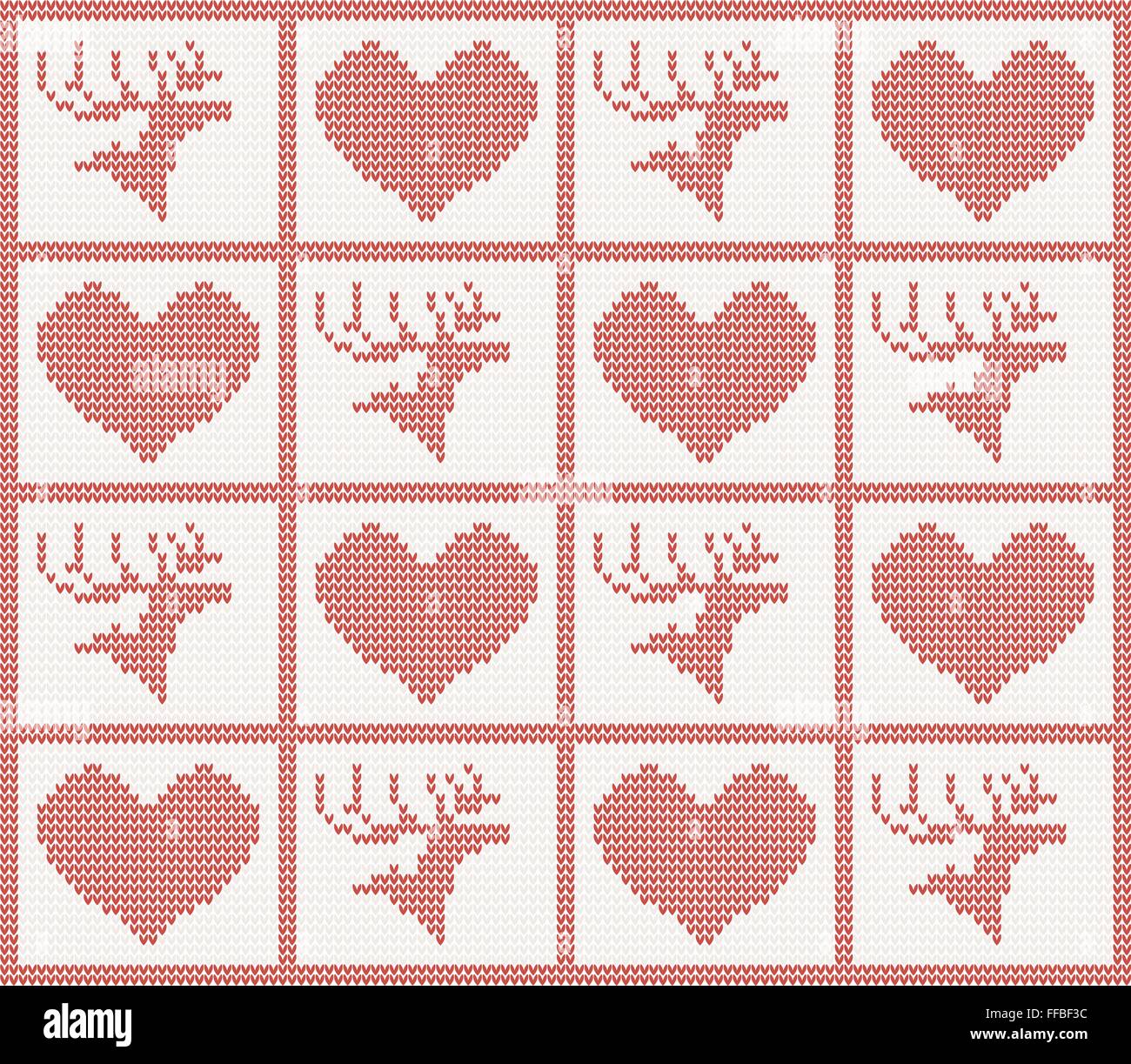 knitted pattern with hearts and deers. vector illustration Stock Vector