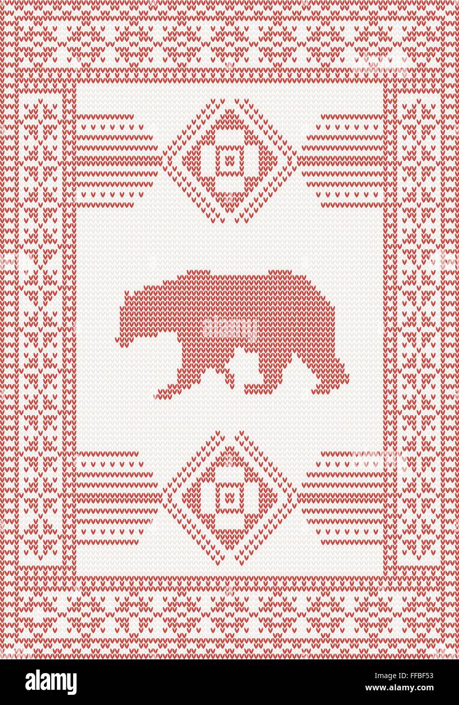 knitted pattern with bear and beautiful ornament Stock Vector