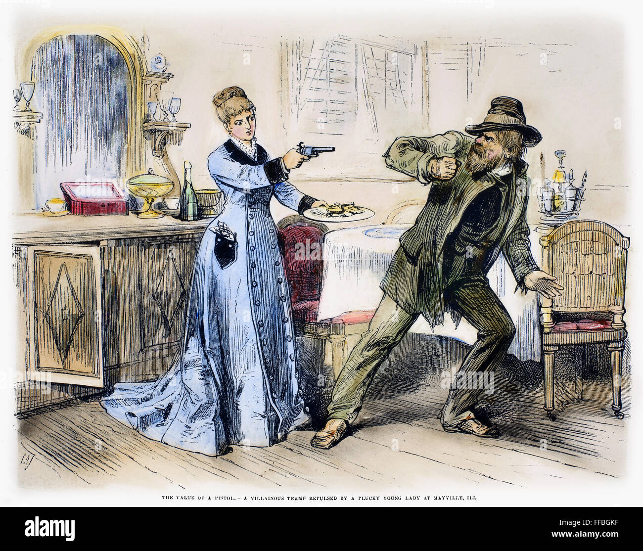 WOMAN WITH PISTOL, 1879. /nA woman repulses a thieving tramp with a pistol at Mayville, Illinois. Wood engraving, American, 1879. Stock Photo