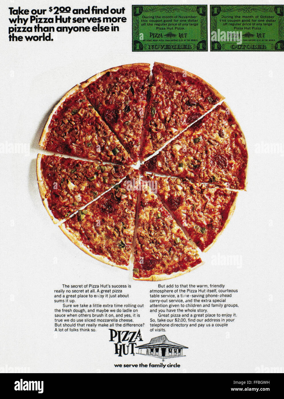 PIZZA HUT AD, 1970. /nAdvertisement from an American magazine, 1970. Stock Photo