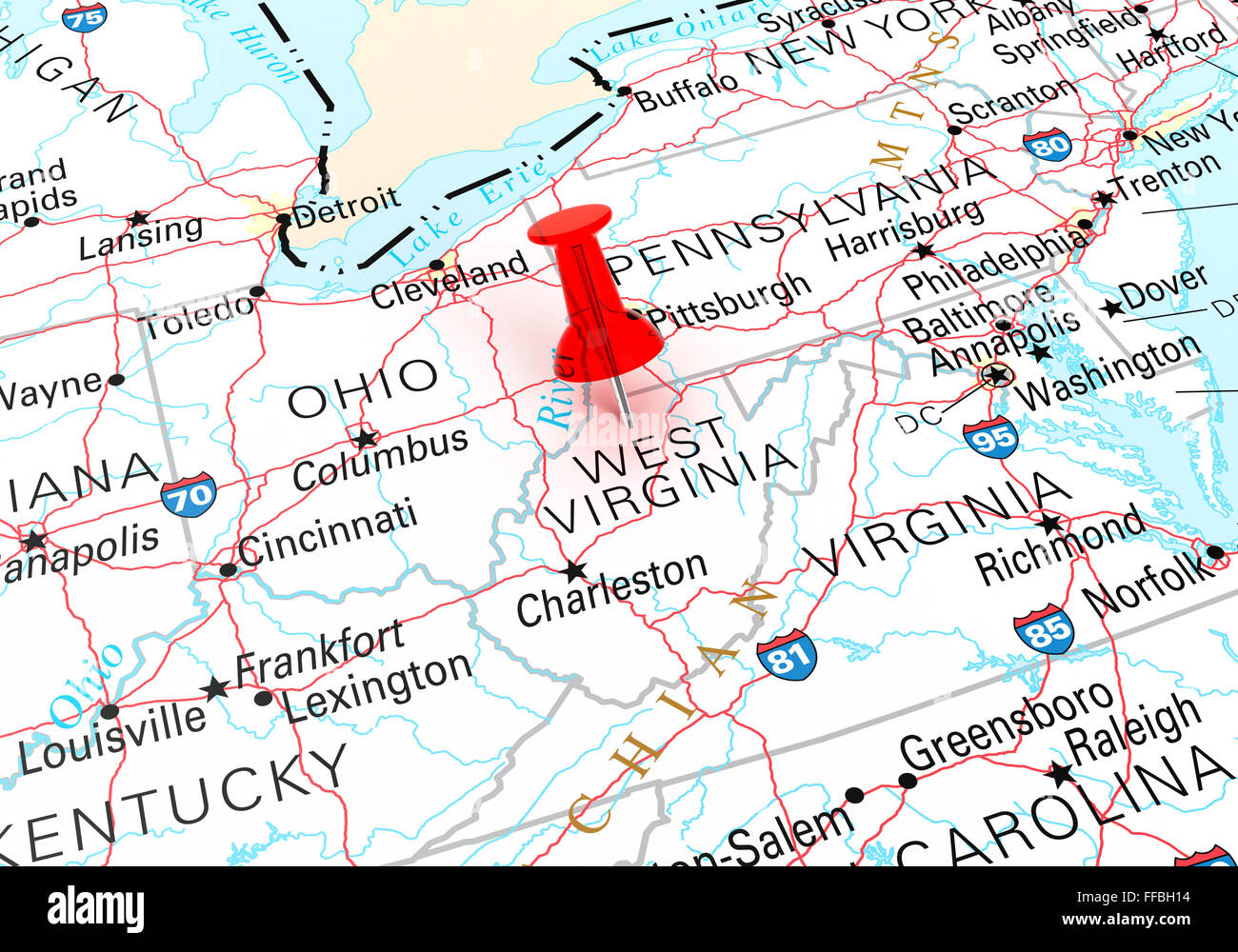 Red Thumbtack Over West Virginia State Usa Map 3d Rendering Stock