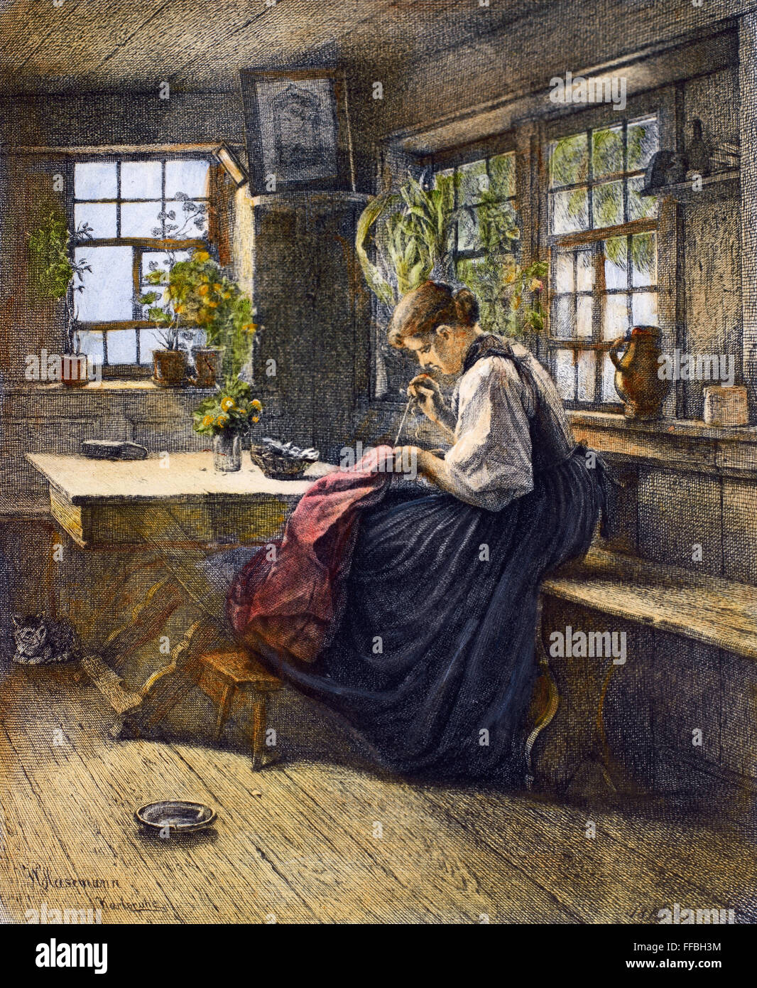 SEWING, 19th CENTURY. /n'A Tranquil Hour.' Etching, late 19th century, after a painting by Wilhelm Hasemann. Stock Photo