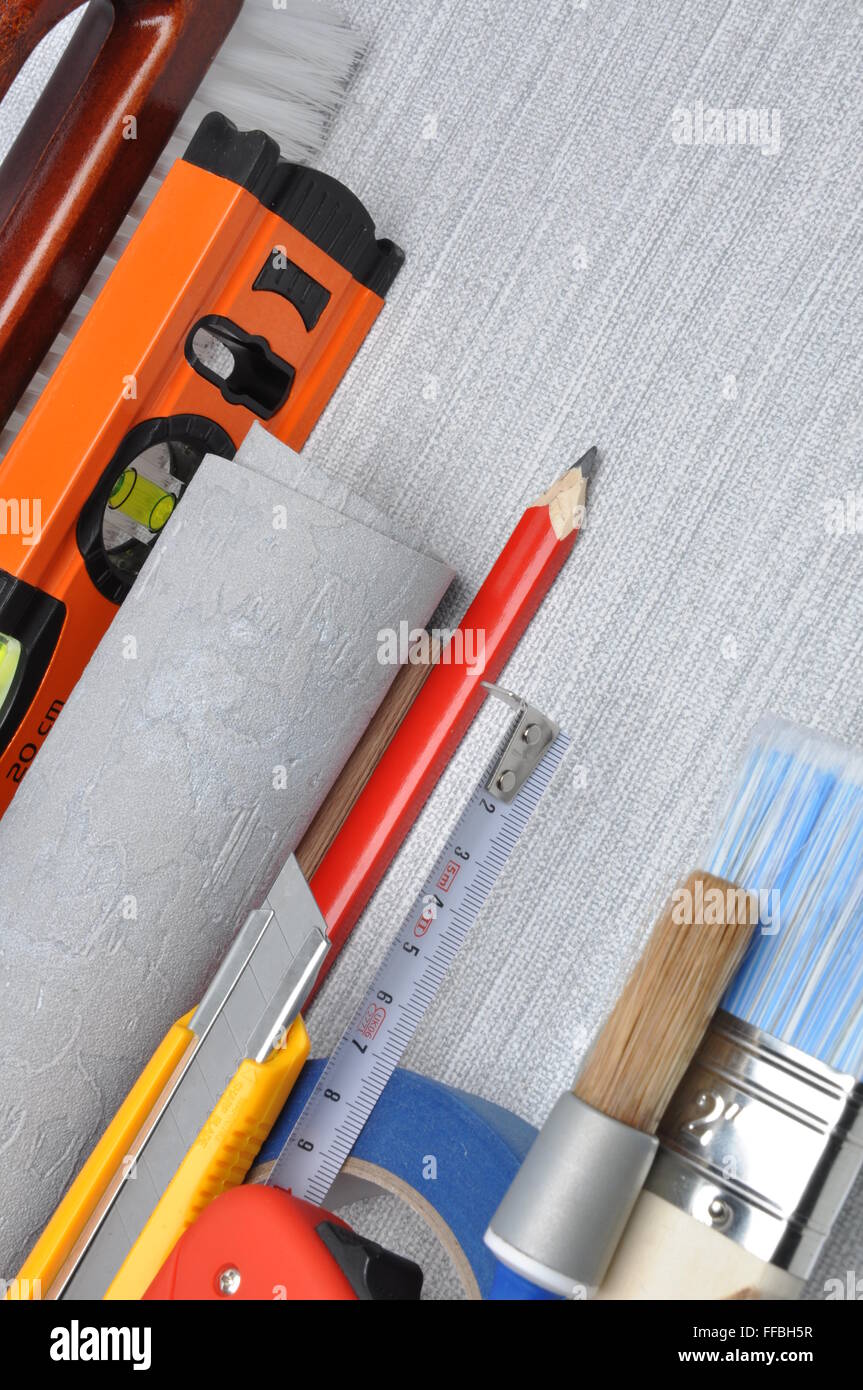 Tools used for wallpapering, renovation and repair at home Stock Photo