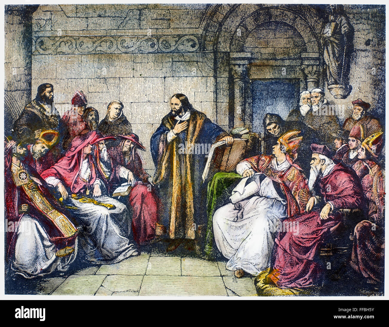 COUNCIL OF CONSTANCE, 1414. /nBohemian religious reformer Jan Hus (c1369-1415) at the Council of Constance, 1414. Wood engraving, 19th century. Stock Photo