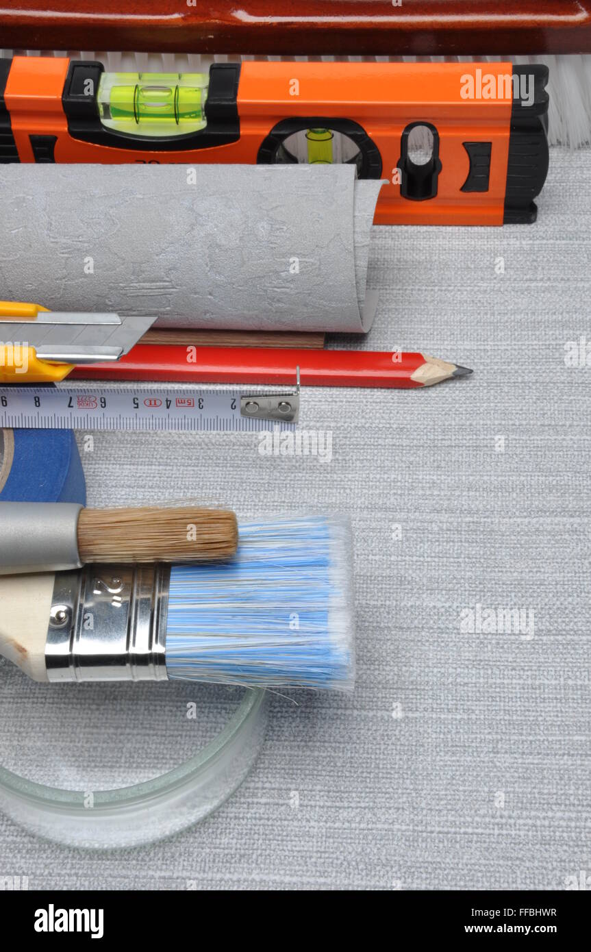 Tools used for wallpapering, renovation and repair at home Stock Photo