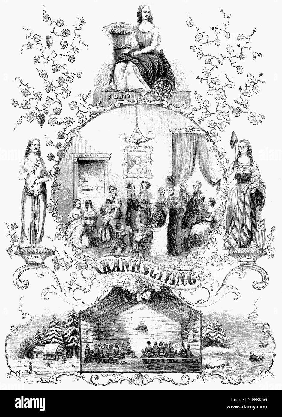 THANKSGIVING, 1852. /nWood engraving, American, 1852. Stock Photo
