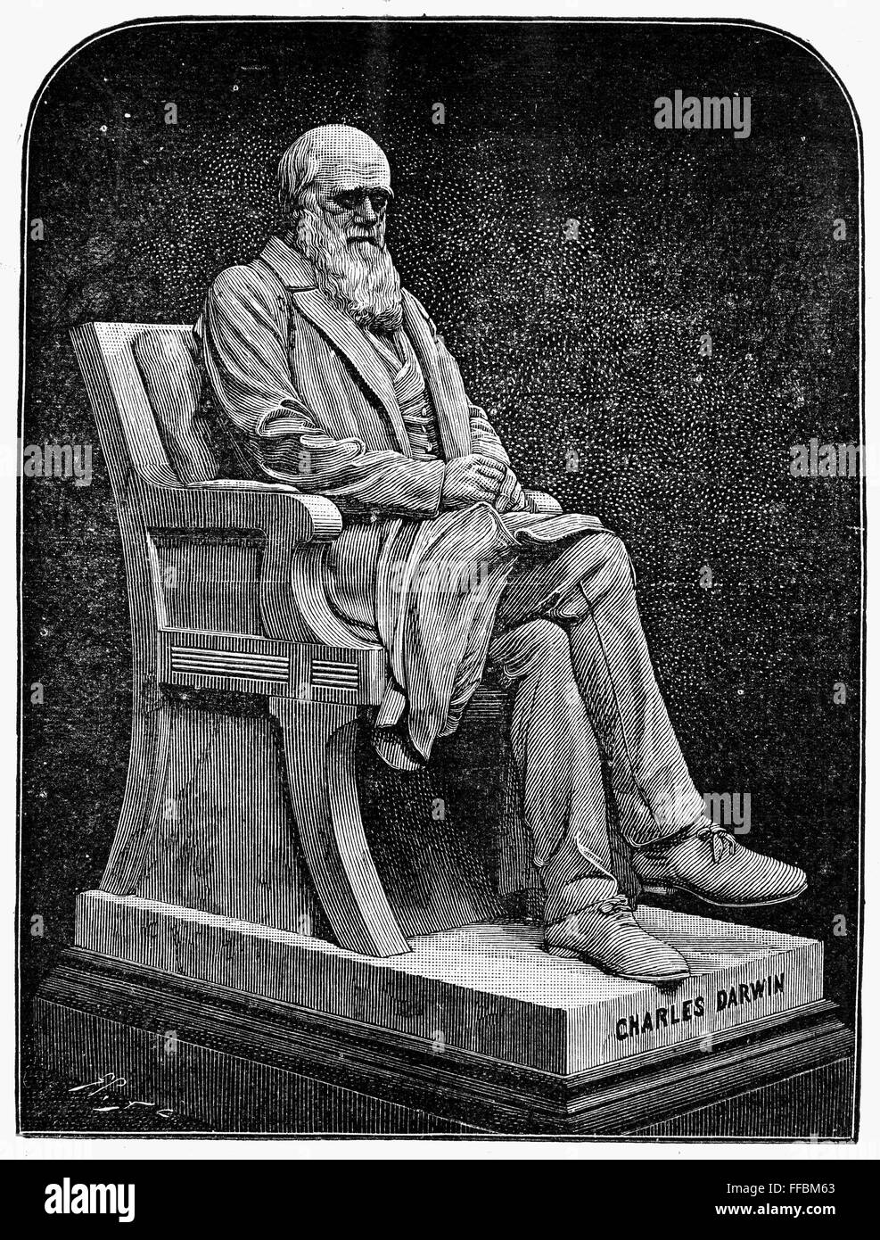CHARLES DARWIN (1809-1882). /nStatue of Charles Robert Darwin at the Natural History Museum in London, England. Engraving from an English newspaper, 1887. Stock Photo
