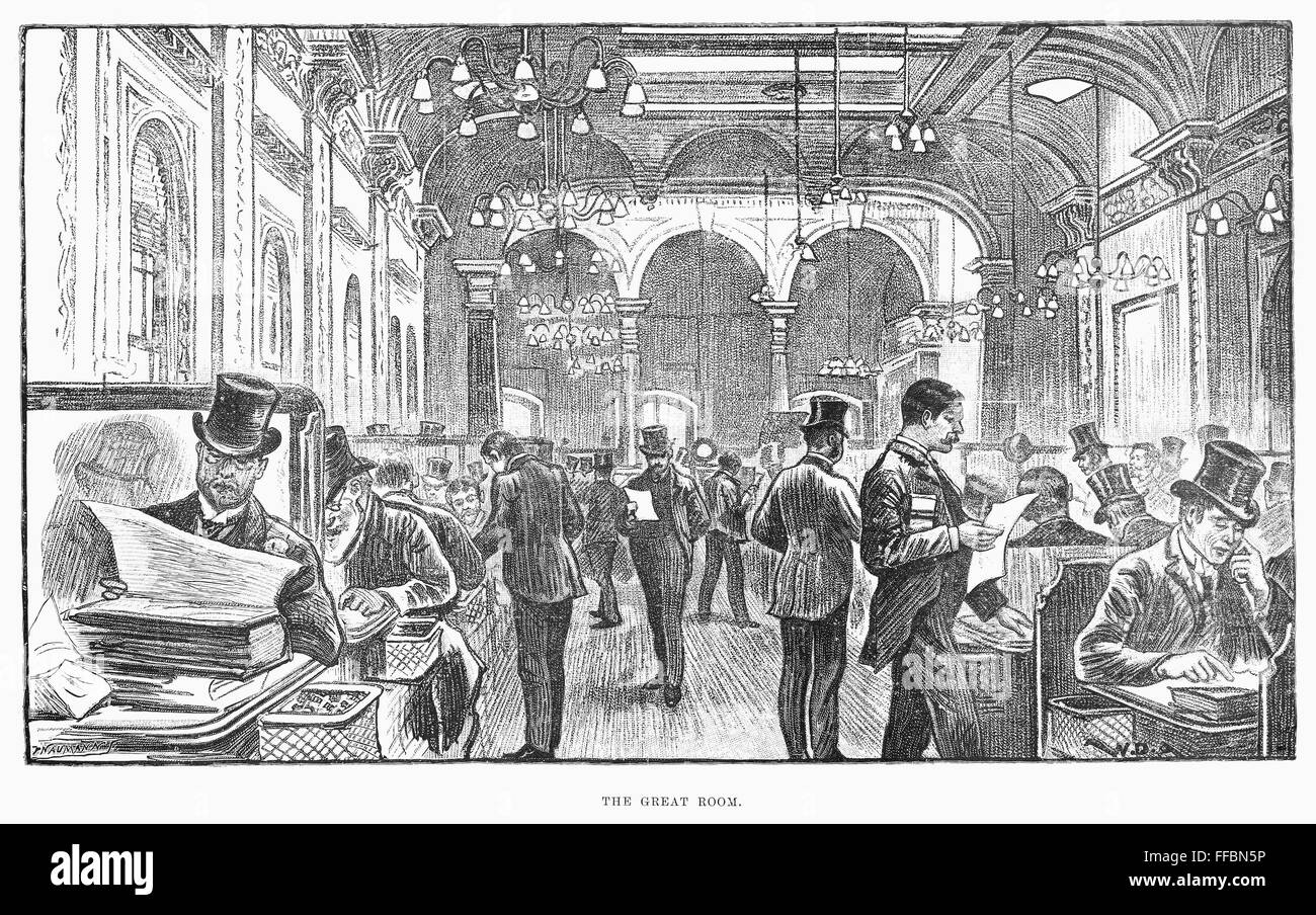 LLOYD'S OF LONDON, 1890. /nThe Great Room of the English insurance company, at the Royal Exchange in London, England. Line engraving, English, 1890. Stock Photo
