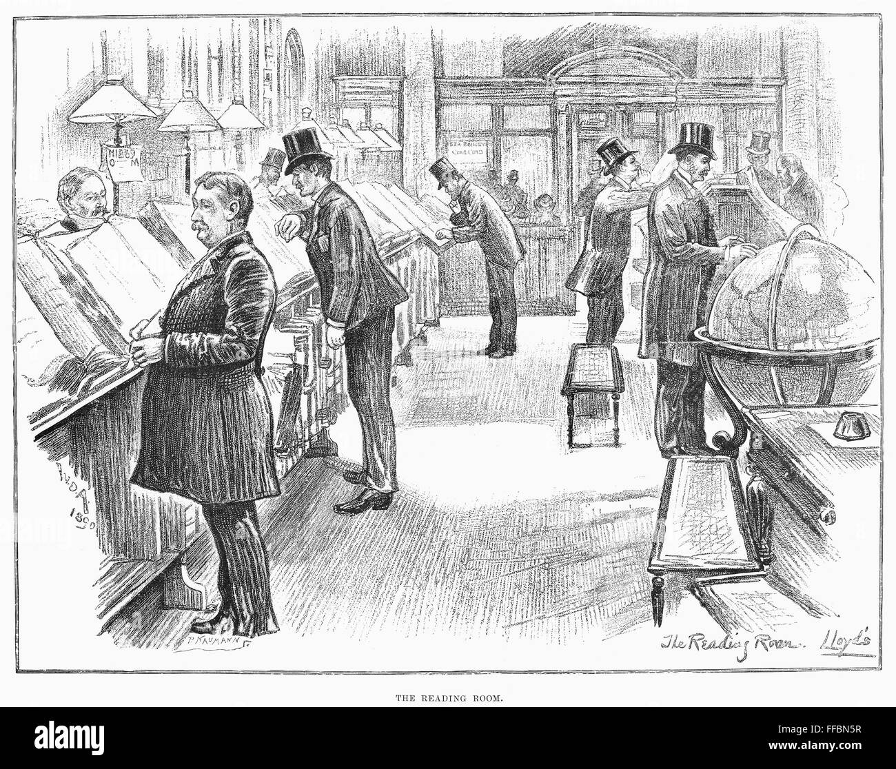 LLOYD'S OF LONDON, 1890. /nThe Reading Room of Lloyd's of London, the English insurance company, in the Royal Exchange. Line engraving, English, 1890. Stock Photo