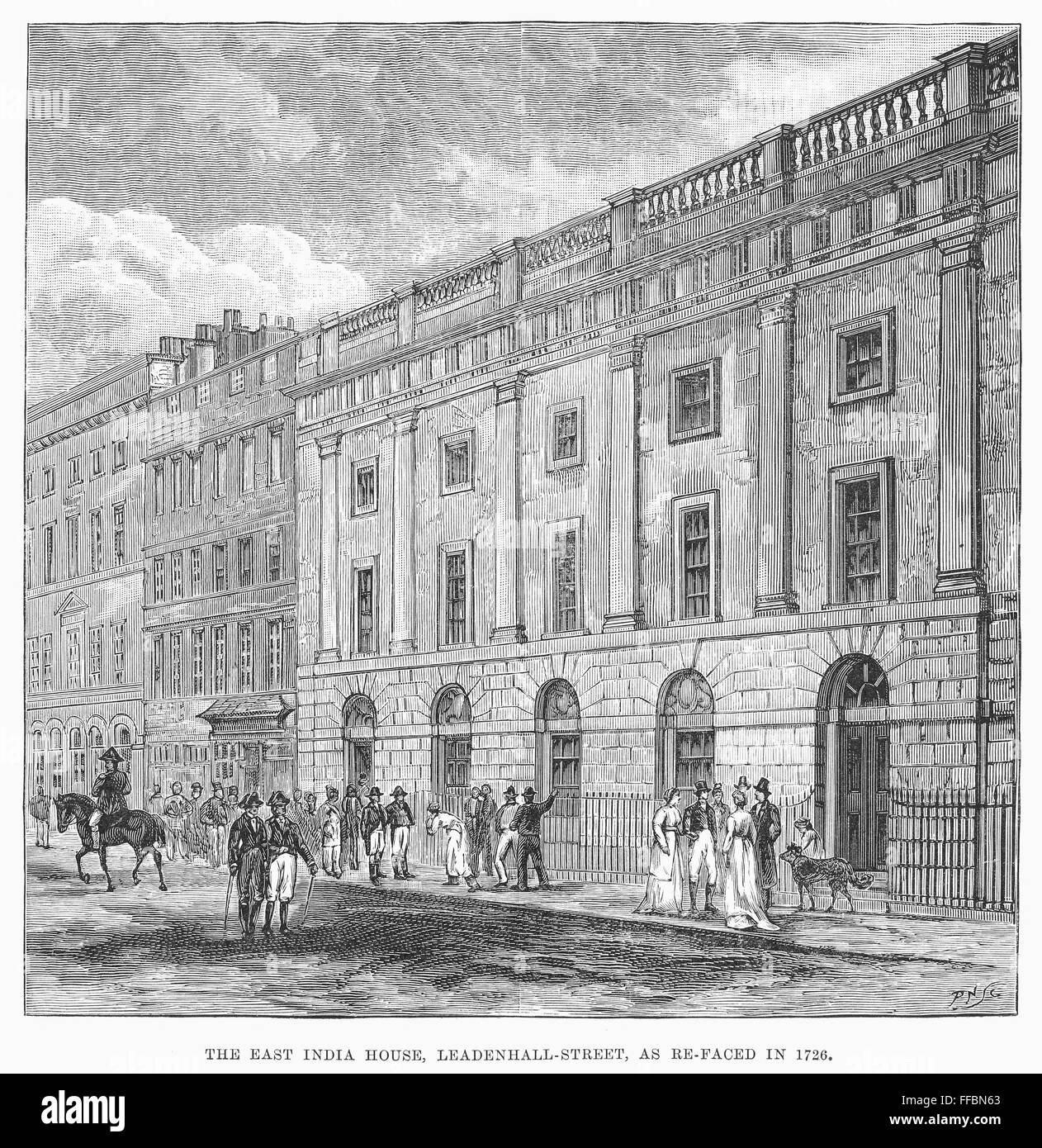 BRITISH EAST INDIA COMPANY. /nThe East India House in Leadenhall Street, London, England, as it appeared after being refaced in 1726. Wood engraving, English, 1890. Stock Photo
