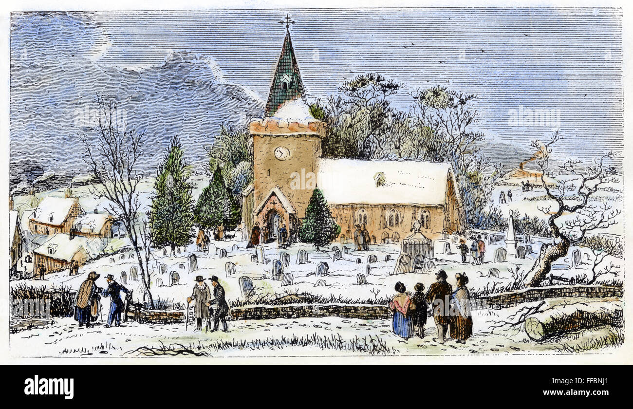 CHRISTMAS MORNING, 1837. /n'Country Church - Christmas Morning.' Etching by Robert Seymour from T.K. Hervey's 'The Book of Christmas,' 1837. Stock Photo