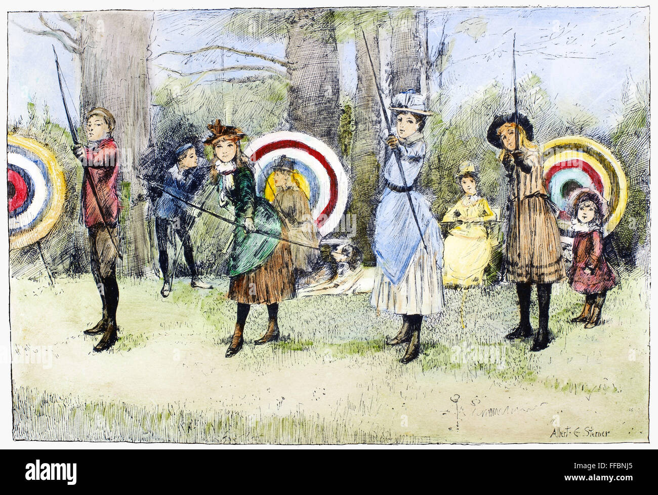 ARCHERY, 1886. /nYoung archers. Pen-and-ink drawing, 1886, by Albert Edward Sterner. Stock Photo