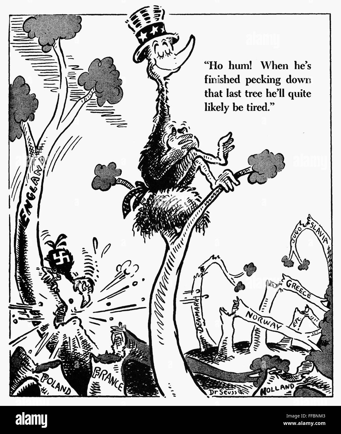CARTOON: WORLD WAR II. /n'Ho hum! When he's finished pecking down that last  tree he'll quite likely be tired.' American cartoon by Dr. Seuss (Theodor  Geisel) for 'PM,' 22 May 1941, critical