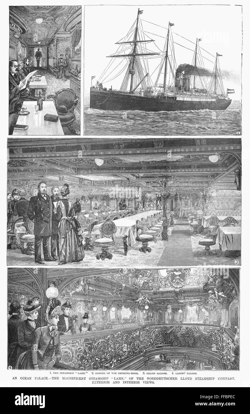PASSENGER STEAMSHIP, 1888. /nFirst class facilities onboard the Norddeutscher Lloyd Steamship Company's 'Lahn.' Wood engravings from an American newspaper of 1888. Stock Photo