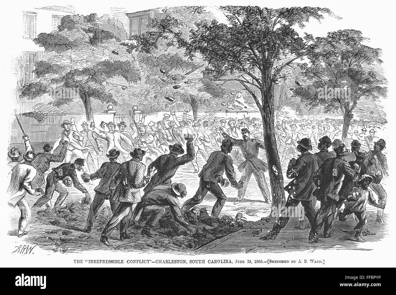 CHARLESTON: CONFLICT, 1866. /nA fight between black and white men in Charleston, South Carolina, after the end of the American Civil War. Wood engraving after A.R. Waud, June 1866. Stock Photo