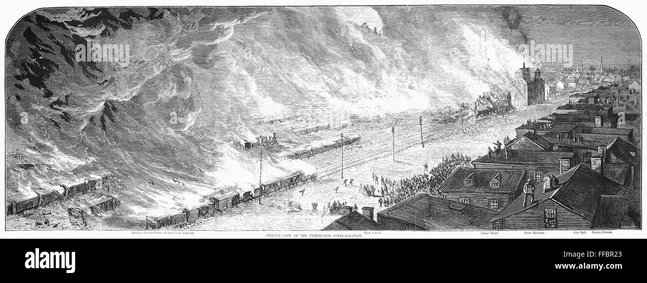GREAT RAILROAD STRIKE, 1877. /nBurning railroad cars and depots create
