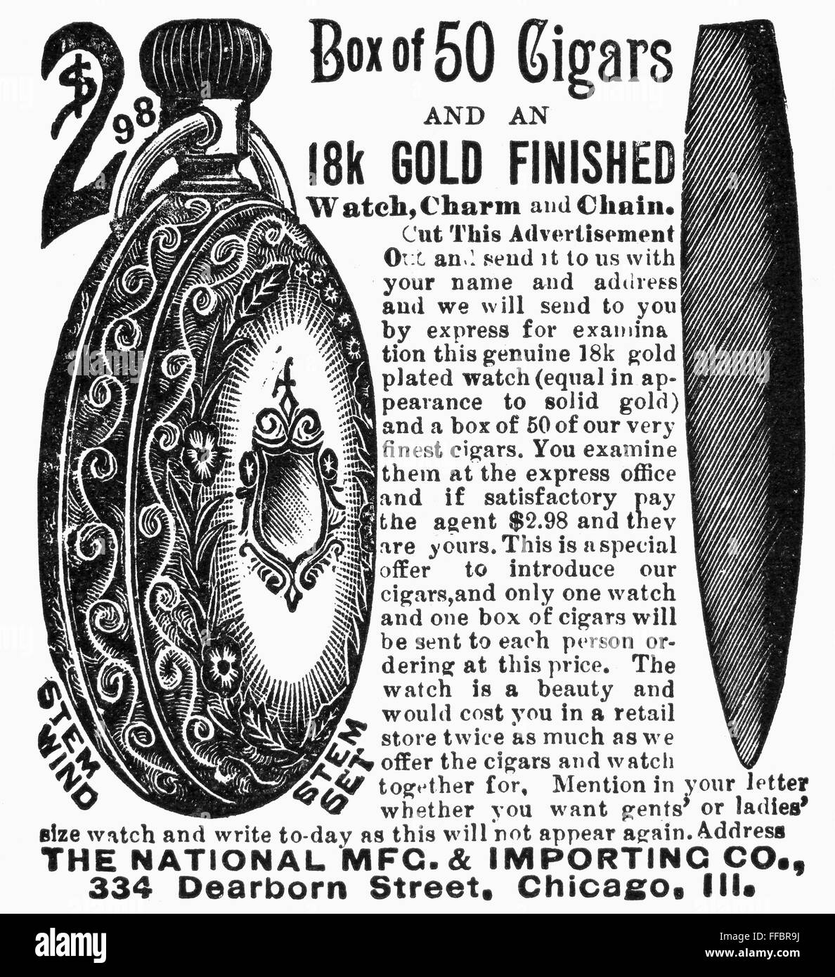 CIGAR AND WATCH AD, 1893. /nAdvertisement for a gold finished watch and a box of cigars from an American magazine, 1893. Stock Photo
