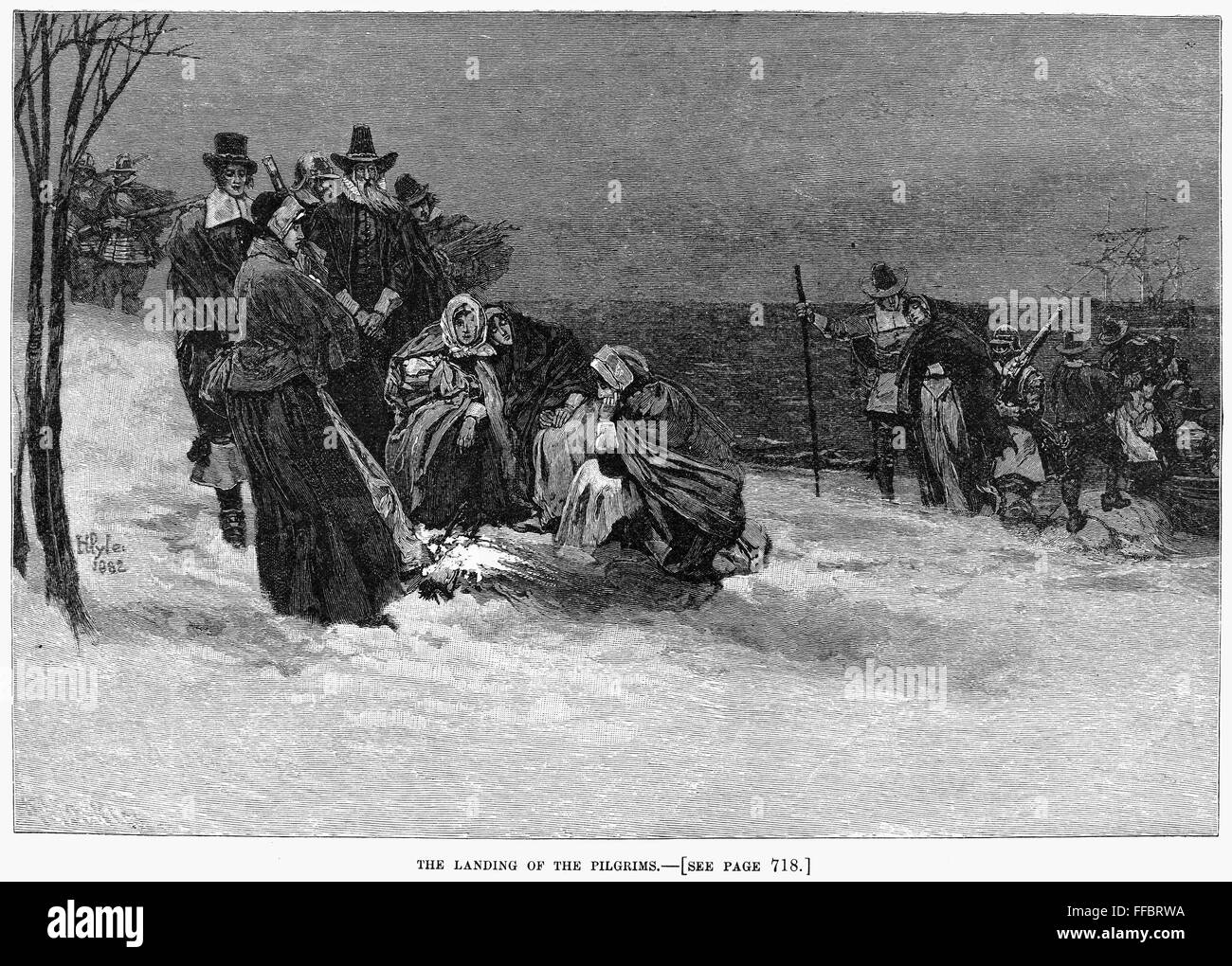 PLYMOUTH ROCK: LANDING. /nThe Landing of the Pilgrims at Plymouth Rock in December 1620. Illustration by Howard Pyle, 1882. Stock Photo