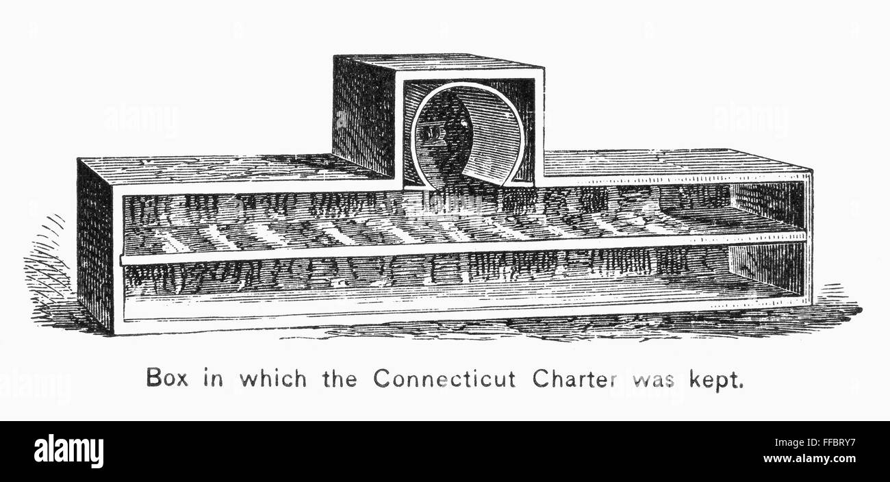 CONNECTICUT: CHARTER BOX. /nBox in which the colonial Connecticut Charter was kept before it was hid in an oak tree, 1687. Engraving, 19th century. Stock Photo