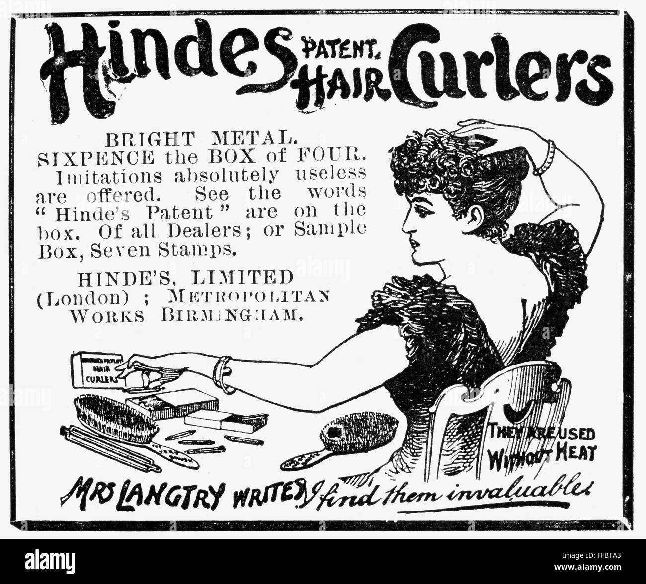 HAIR CURLER, 1892. /nAdvertisement for Hindes Patent Hair Curlers from