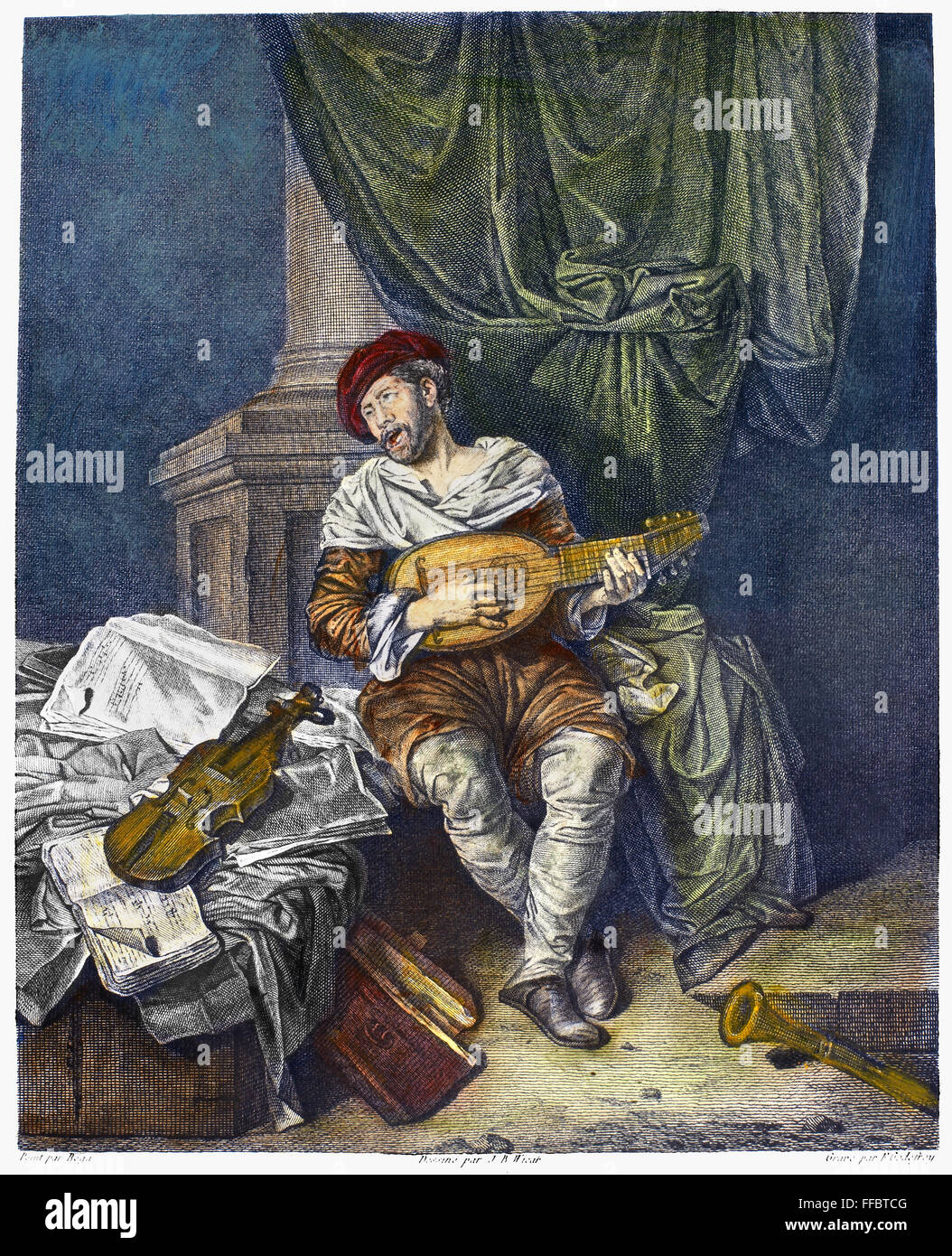 GUITAR PLAYER. /nLine engraving, French, 18th century, after a painting by Cornelis Bega (1620-1664). Stock Photo