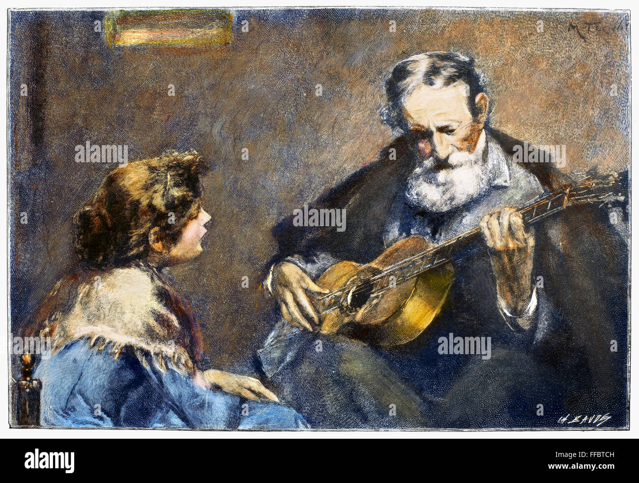 GUITAR PLAYER. /nWood engraving, late 19th century, after a painting by Modesto Texidor (1854-1928). Stock Photo