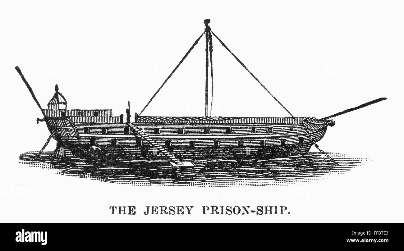 PRISON SHIP: JERSEY. /nThe unmasted British prison-ship HMS 'Jersey,'  anchored in New York harbor during the American Revolution. Wood engraving,  19th century Stock Photo - Alamy