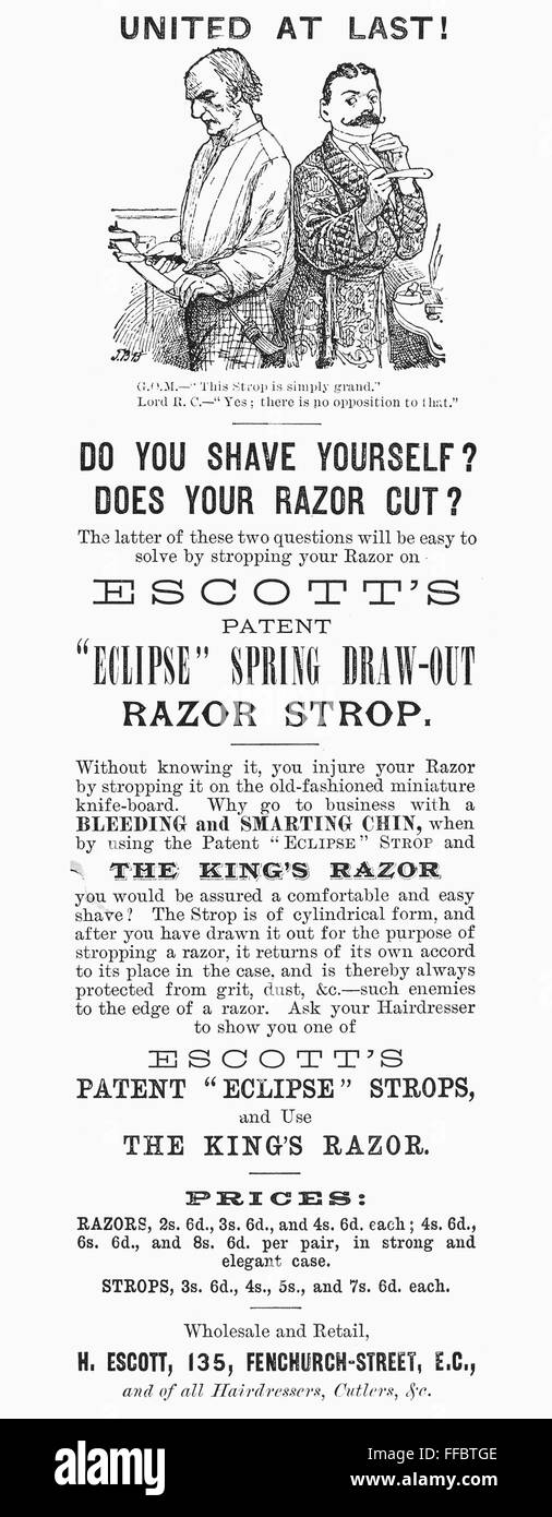 RAZOR STROP, 1886. /nEnglish newspaper advertisement for Escott's Patent 'Eclipse' Strops, 1886