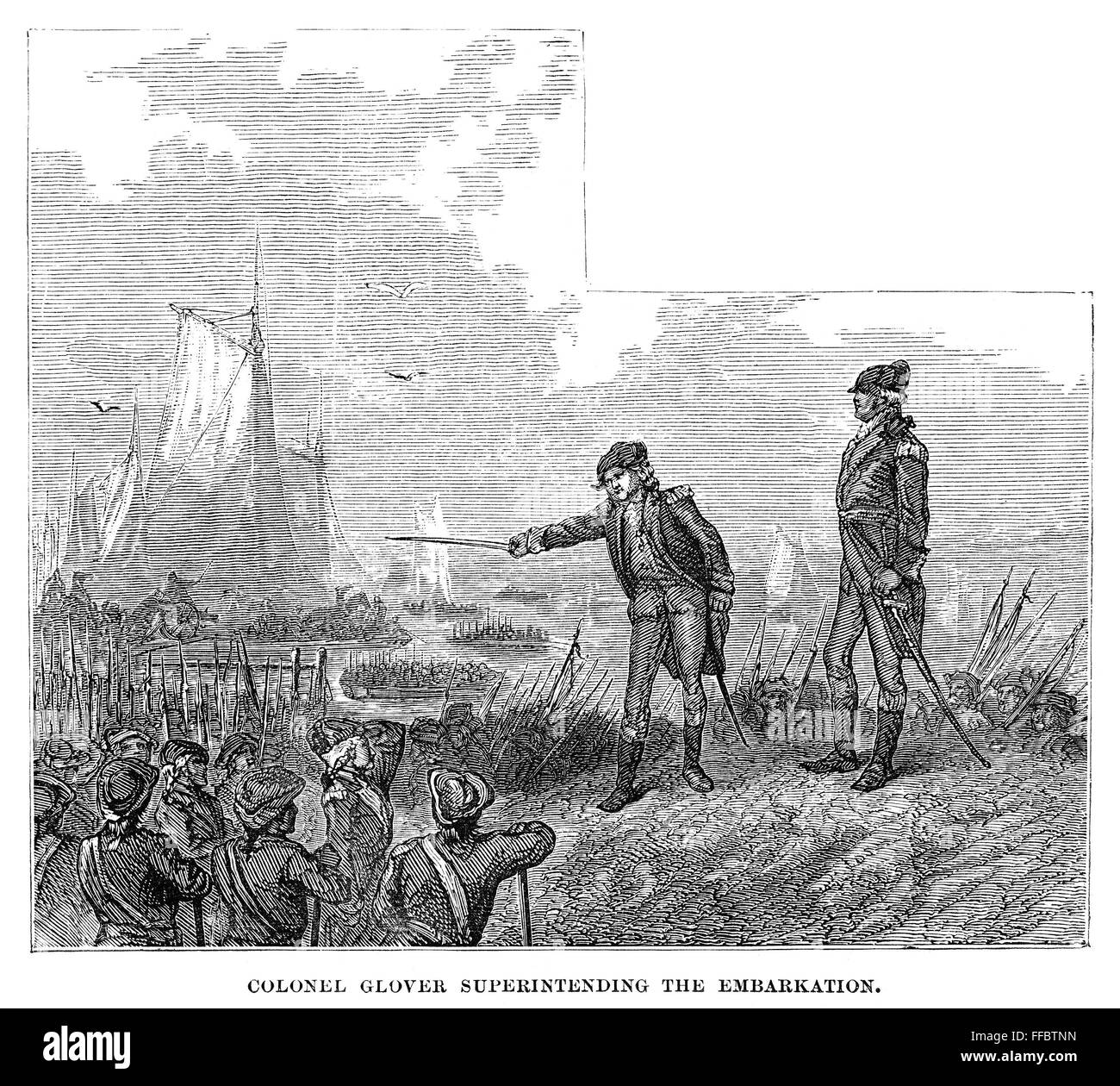BATTLE OF LONG ISLAND, 1776. /nColonel John Glover of the Marblehead militia superintending the retreat of Continental Army troops across the East River to Manhattan on the night of 29-30 August 1776, following their defeat by the British in the Battle of Stock Photo