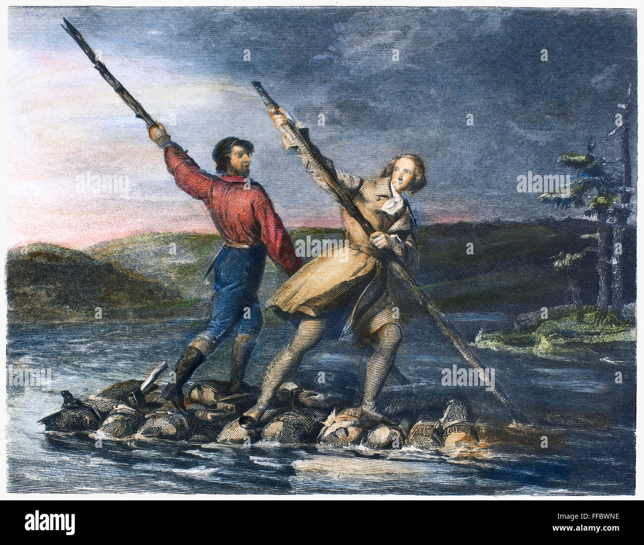 GEORGE WASHINGTON /n(1732-1799). First President of the United States. Washington (right) crossing the Allegheny River in 1753 with his guide, Christopher Gist. Steel engraving, 1844, after Daniel Huntington. Stock Photo