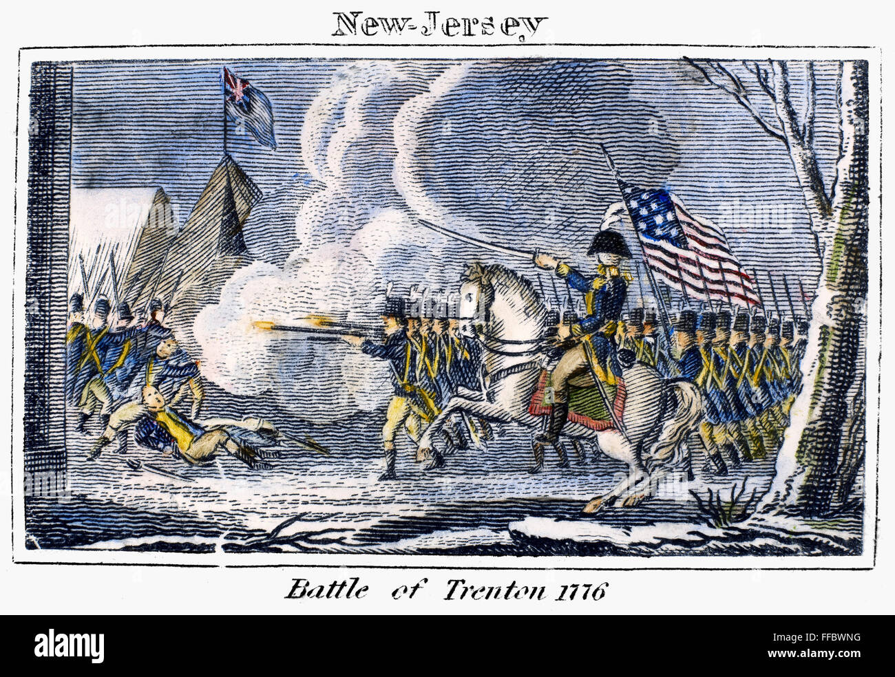 BATTLE OF TRENTON, 1776. /nGeneral George Washington leading the early morning attack on Trenton, New Jersey, 26 December 1776. Line engraving, American, 1829. Stock Photo