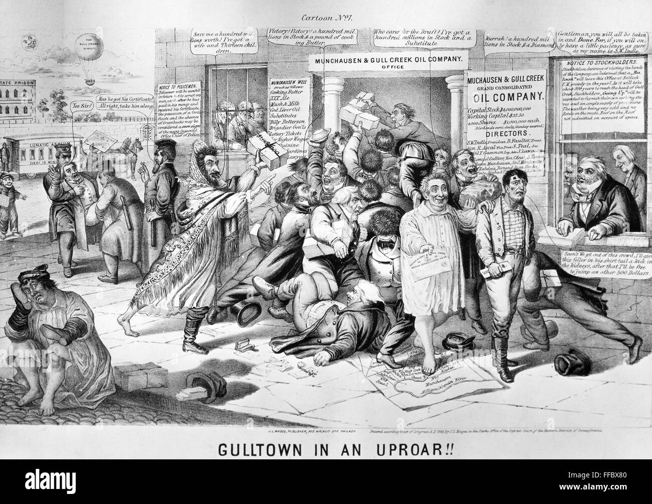 OIL SPECULATION CARTOON. /n'Gulltown in an Uproar.' A frenzied crowd of