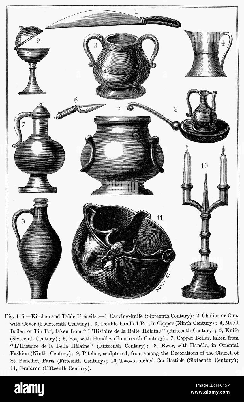 MEDIEVAL UTENSILS. /nVarious kitchen and table utensils from the Middle