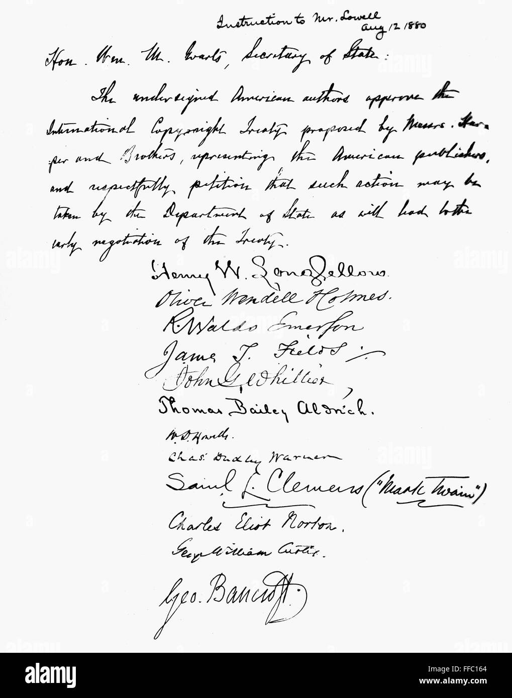 COPYRIGHT PETITION, 1880. /nPetition submitted by prominent American authors and publishers in support of a proposed treaty for international copyright, 1880. The legislation was approved in 1891. Stock Photo