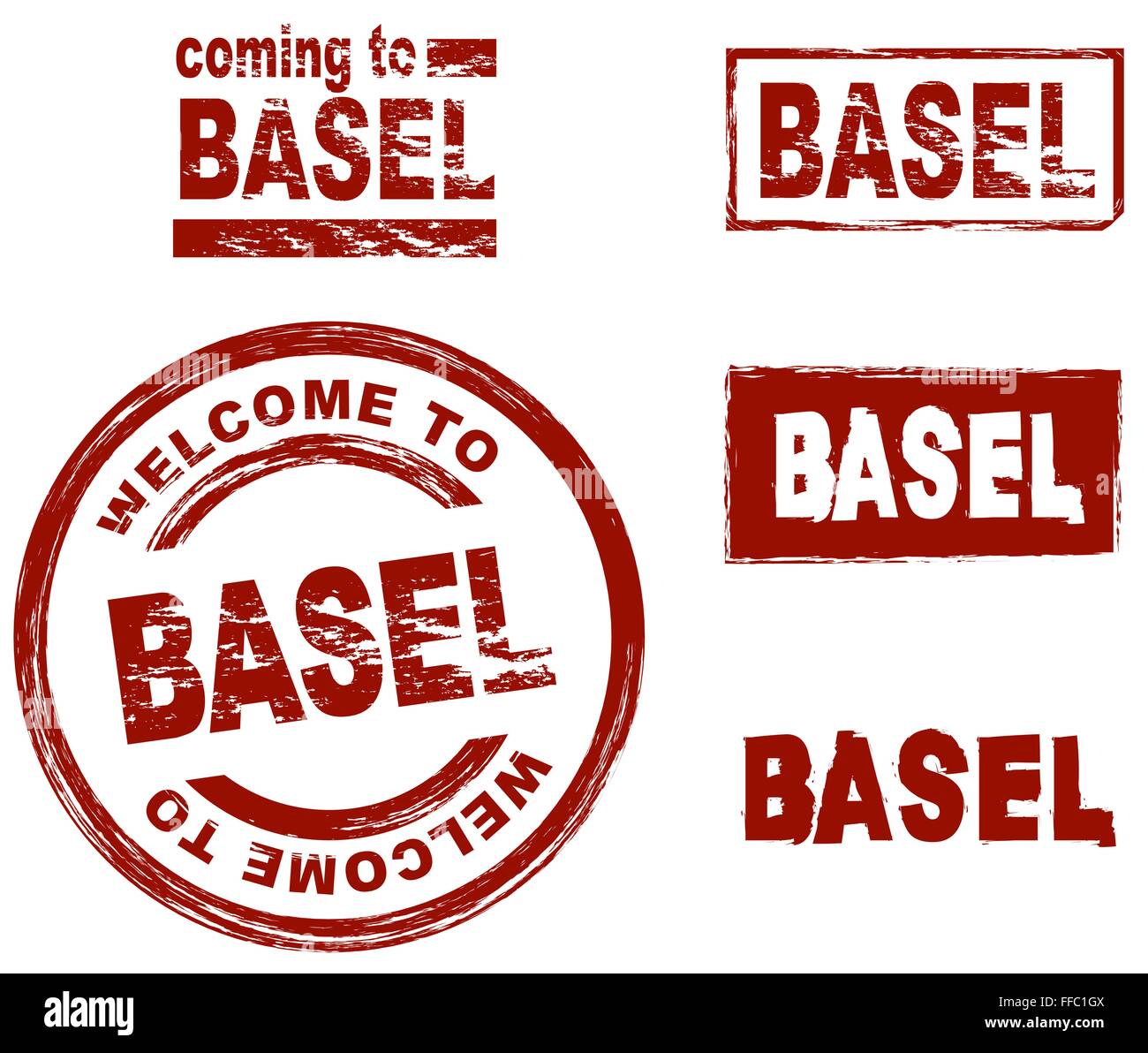 Set of stylized ink stamps showing the city of Basel Stock Vector