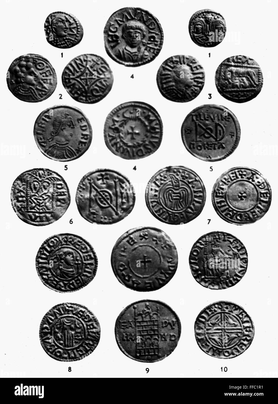 ANGLO-SAXON COINS. /nAnglo-Saxon and Danish coins: 1. Seventh century sceat; 2. Offa of Mercia; Aethelberht of East Anglia; 4.Wigmund, Archbishop of York (gold); 5. Alfred of Wessex; 6. Halfdan; 7. Olaf Guthfrithsson; 8. Aethelred II; 9. Edward the Elder; Stock Photo