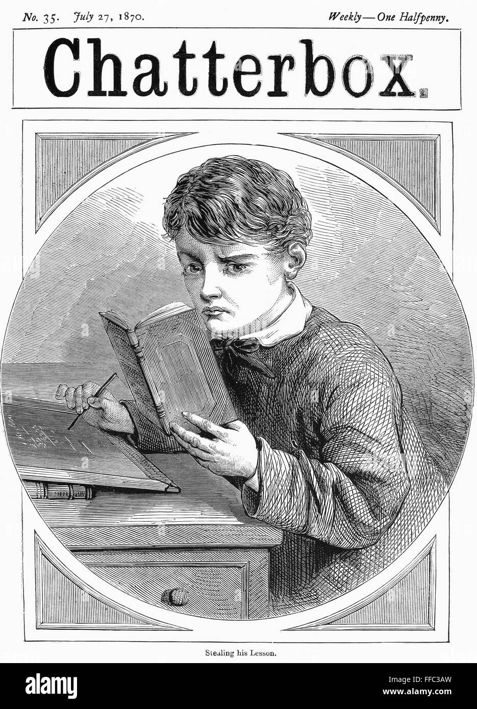 SCHOOLBOY, c1870. /nSchoolboy stealing his lesson. Wood engraving, American, 1870. Stock Photo