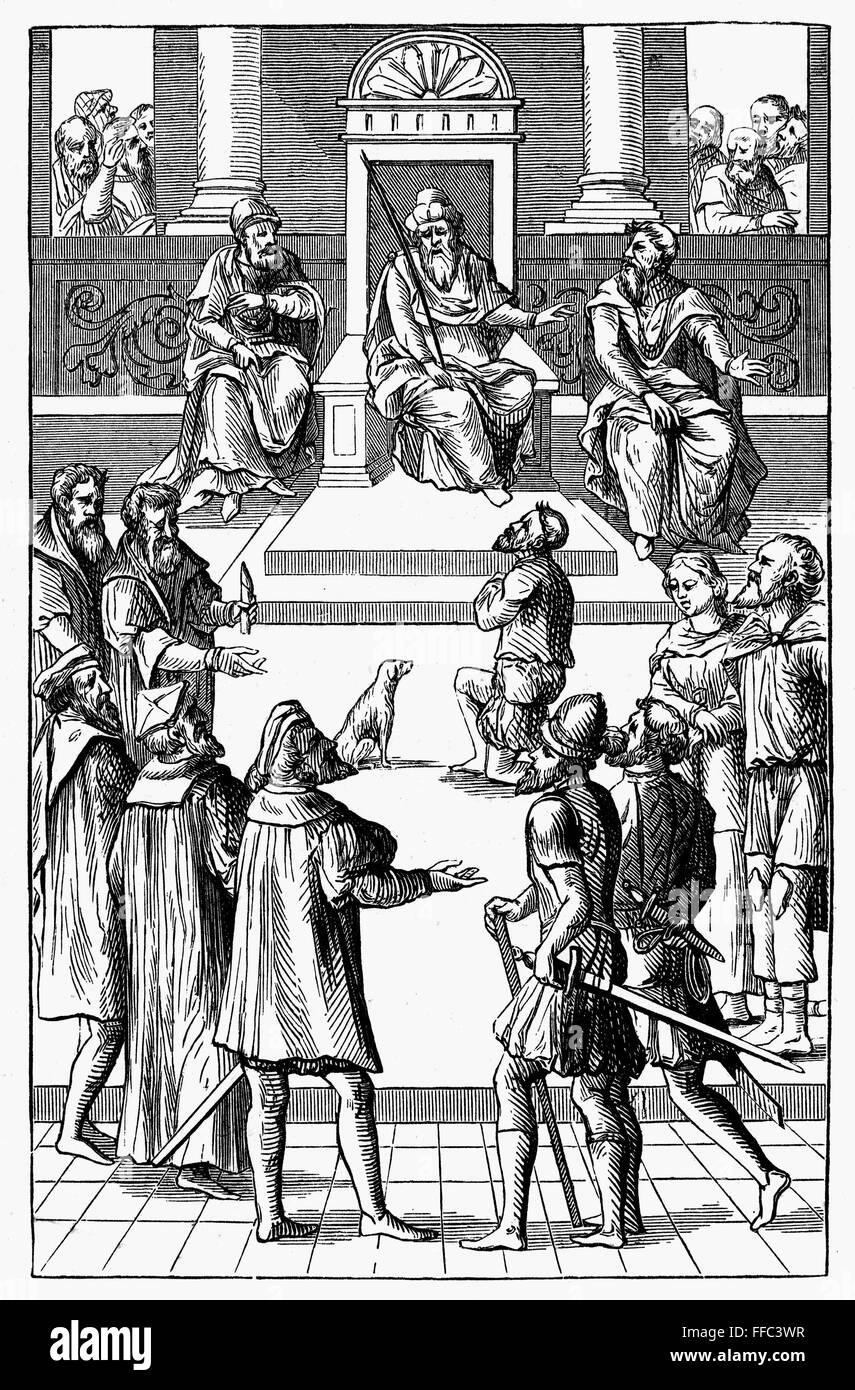 MEDIEVAL TRIBUNAL. /nAmende Honorable before the Tribunal. Wood engraving after a line engraving from 'Praxis Rerum Civilium' by Josse Damhoudere, published 1557 in Antwerp. Stock Photo