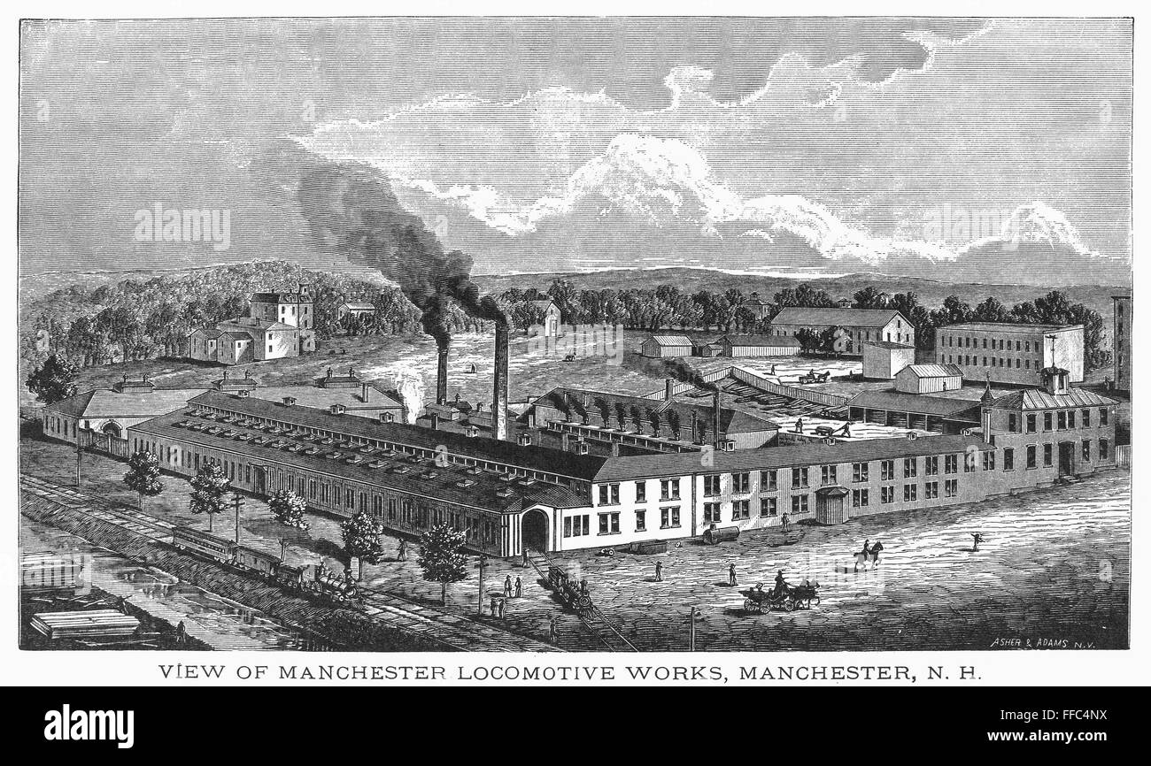 LOCOMOTIVE WORKS, c1890. /nView of Manchester Locomotive Works, Manchester, New Hampshire. Line engraving, 19th century. Stock Photo