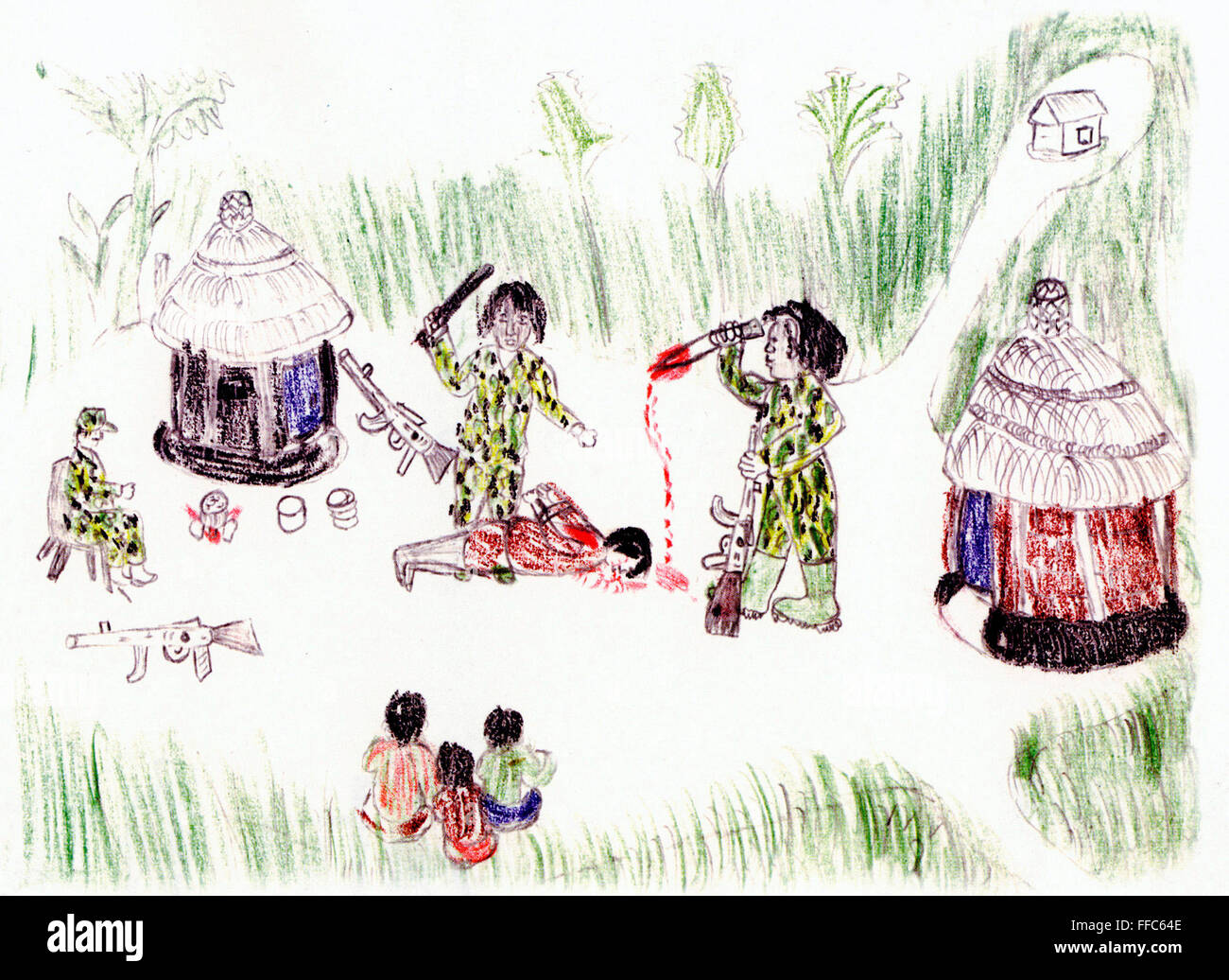 Uganda, childs drawing of an attac of LRA-rebels to a village in North Uganda Stock Photo