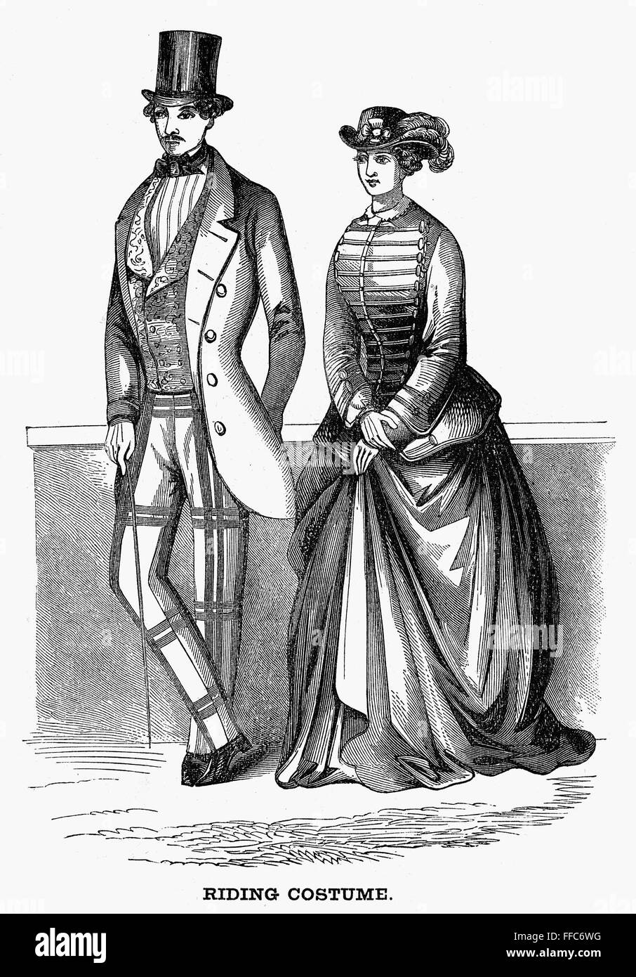 RIDING COSTUMES, 1853. /nGentleman's and Lady's riding costumes. Wood engraving from an English magazine of 1853. Stock Photo