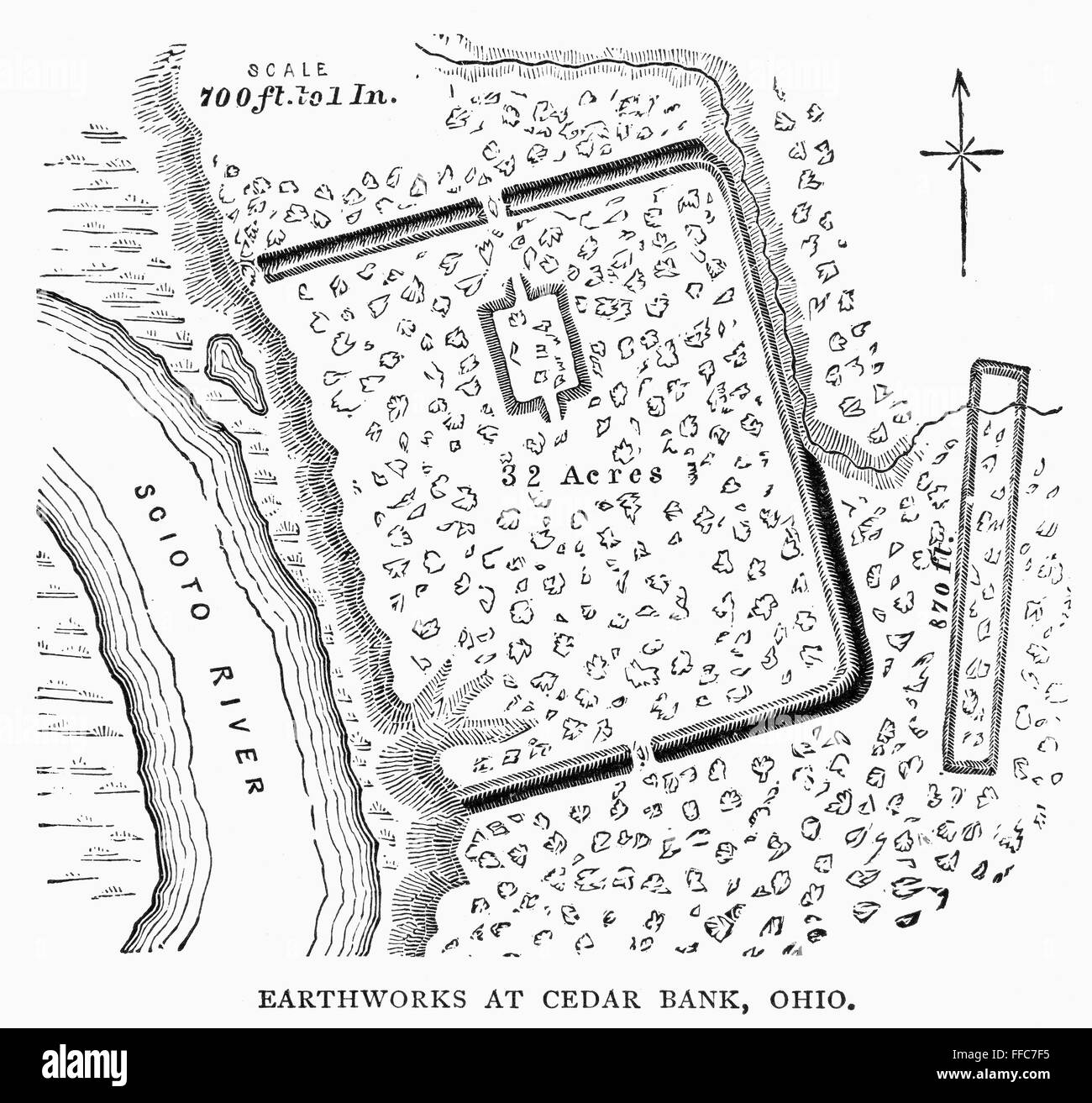 OHIO: PREHISTORIC MOUND. /nEarthworks at Cedar Bank, Ohio. Line engraving, 19th century. Stock Photo
