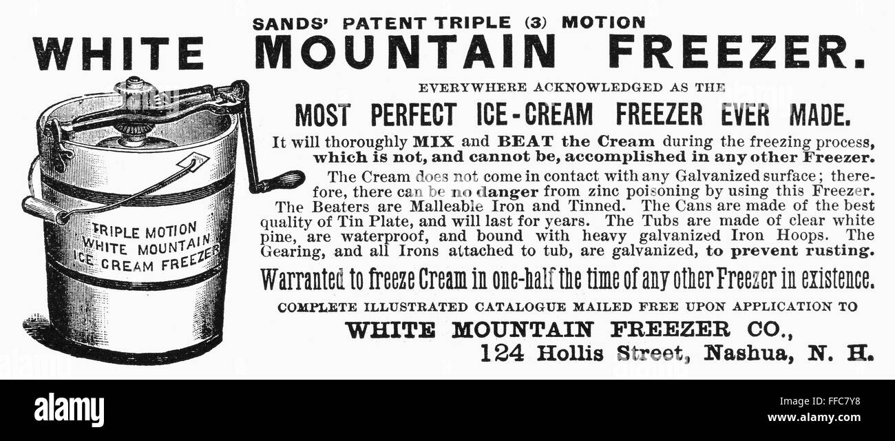 ICE CREAM FREEZER, 1888. /nAdvertisement for an ice cream freezer. Wood engraving, American